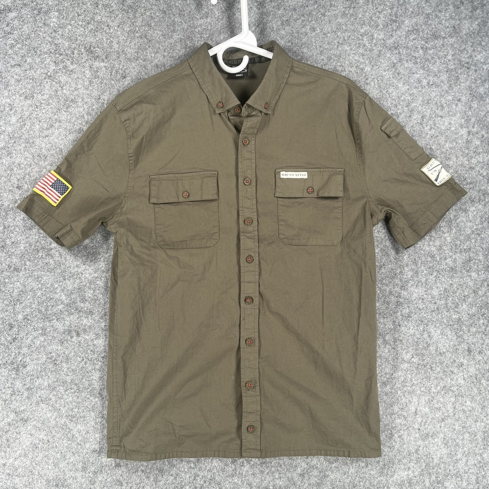 Grunt Style Shirt Mens Small Military Short Sleeve Button Up Patch USA Flag